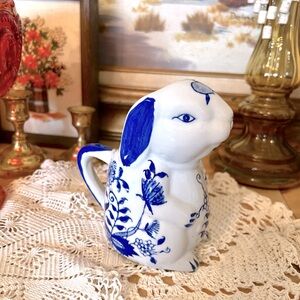 Formalities by Baum Bros Delft Style Blue White Bunny Rabbit Creamer 5”